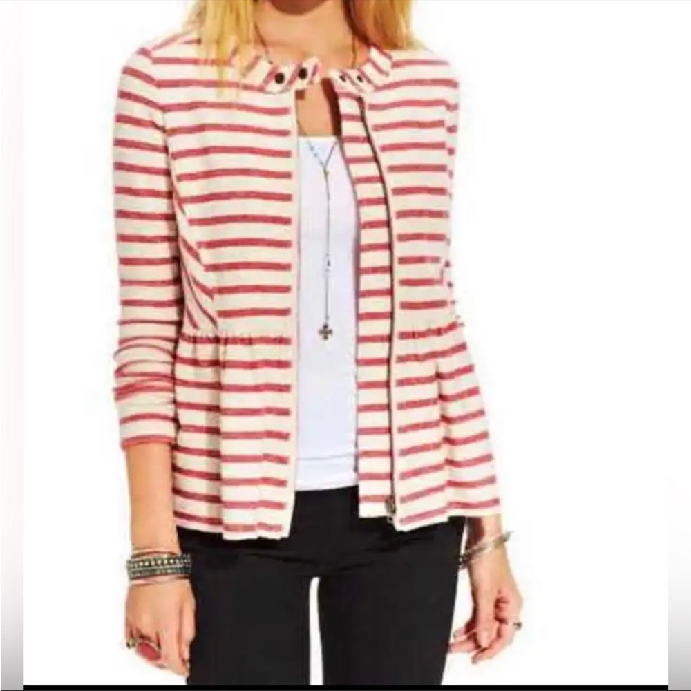 Free People Red and Ivory Striped Peplum Jacket,  Size Small